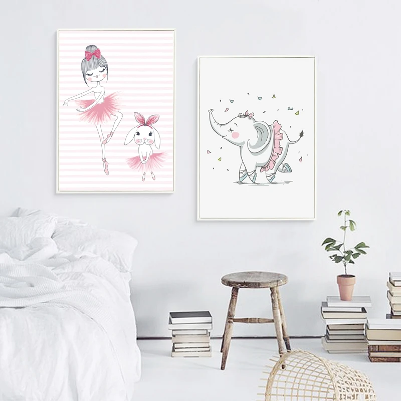 

Nordic Cute Elephant Ballerina Dancing Art Print Pictures , Hand Drawn Ballet Girl With Rabbit Canvas Painting Art Poster