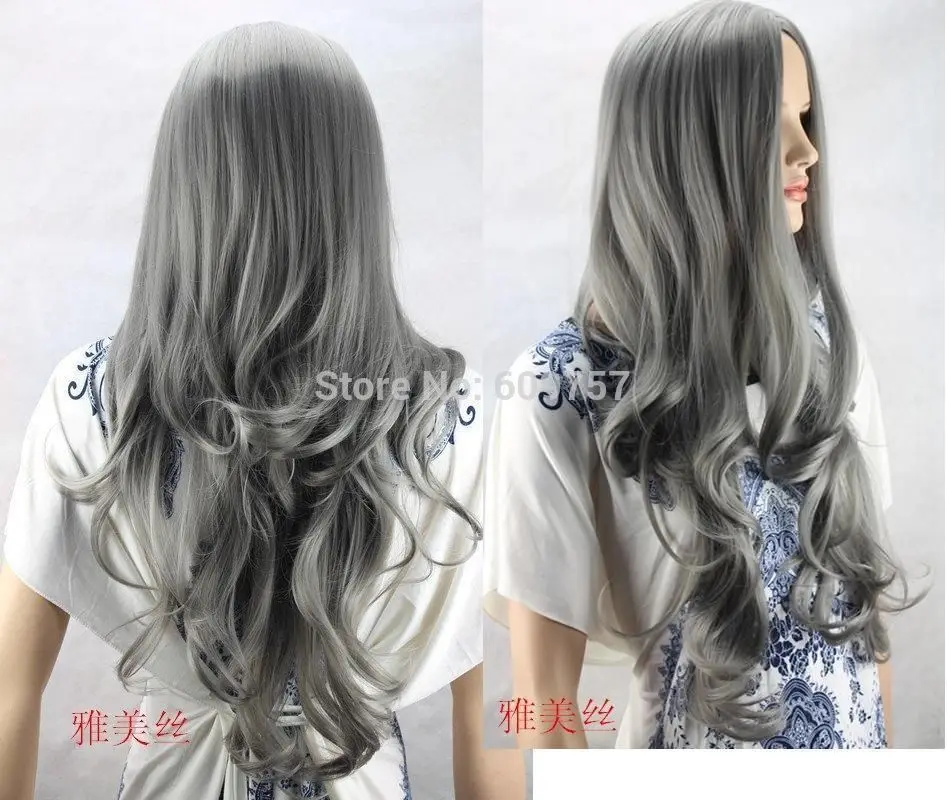 

30" Cos gray long curly cosplay synthetic full wig Kanekalon fibre no Lace Front hair Wigs Free deliver