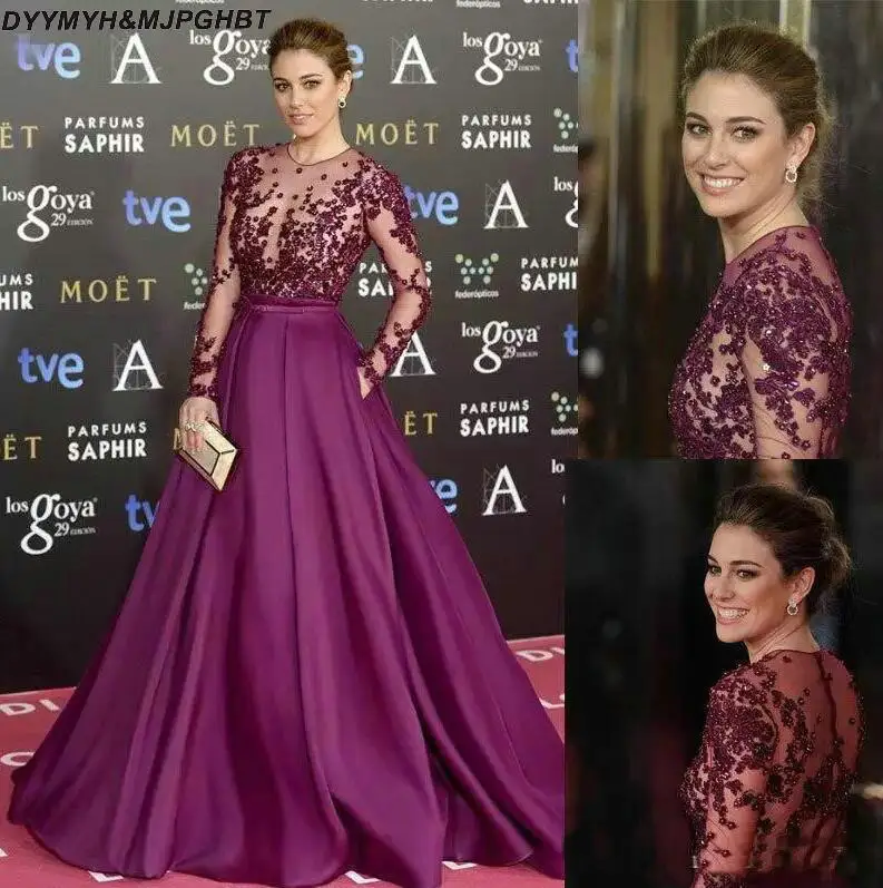 legant Grape Zuhair Murad Celebrity Evening Dresses Sheer Long Sleeves Lace Beaded Long Custom Made 2016 Prom Special Occasion Gowns Cheap