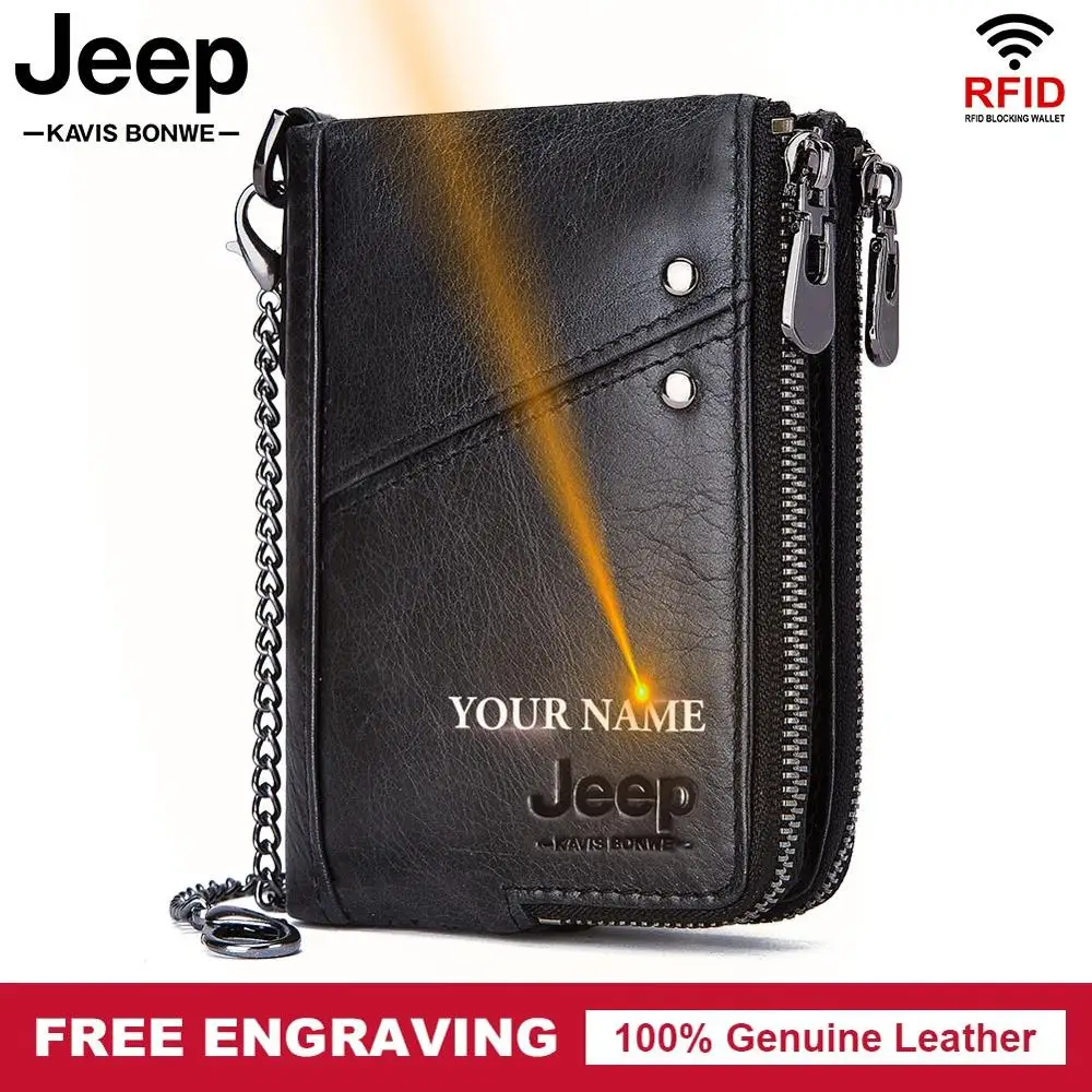 Free Engraving Cowhide Genuine Leather Wallet Men Coin Purse Small Mini Card Holder Vintage PORTFOLIO Portomonee Male Chain