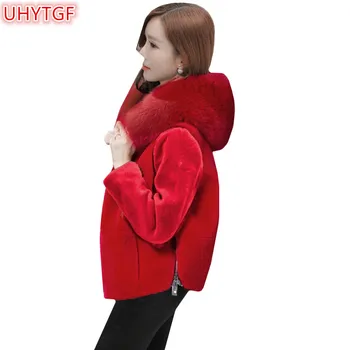 

UHYTGF 2018 female fur coat winter faux fur Jacket Fashion Women short Jacket Womens black fur Tops coat and Hooded jackets 222