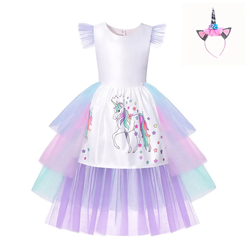 Детская одежда для дня рождения с единорогом; платье с единорогом для девочек; радужные многослойные платья с рукавами-крылышками; маскарадные костюмы принцессы для малышей - Цвет: Unicorn Dress Sets 3
