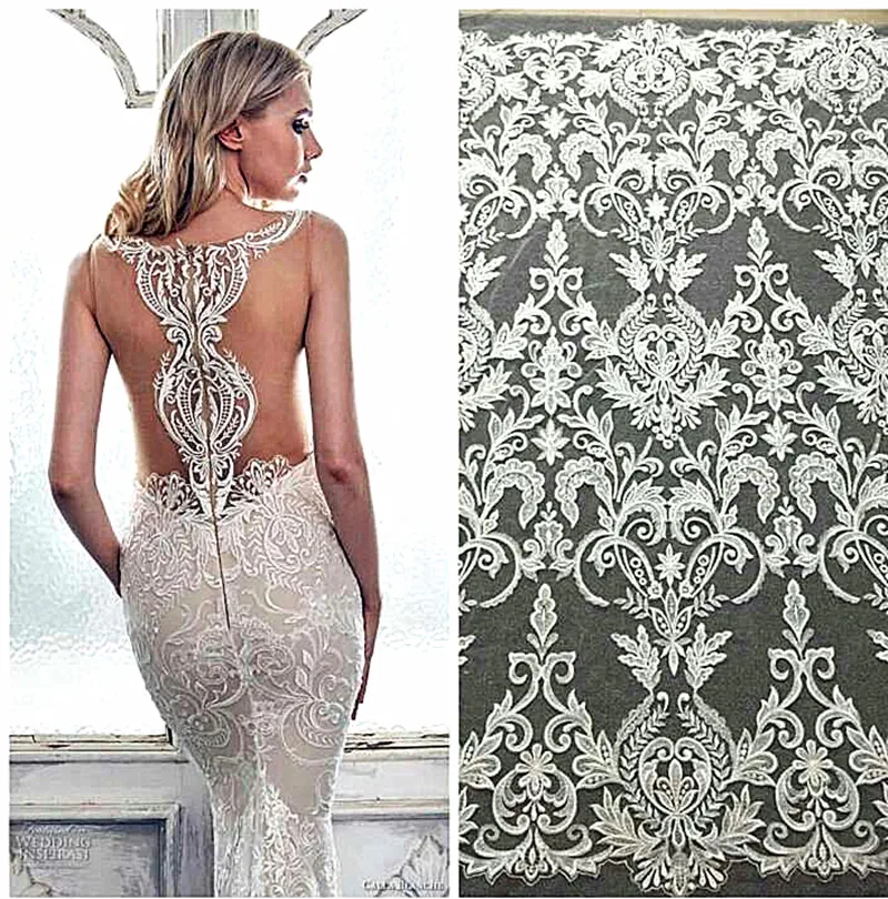 

High-grade embroidery sequins lace fabrics luxury wedding dress DIY off white fabric cloth