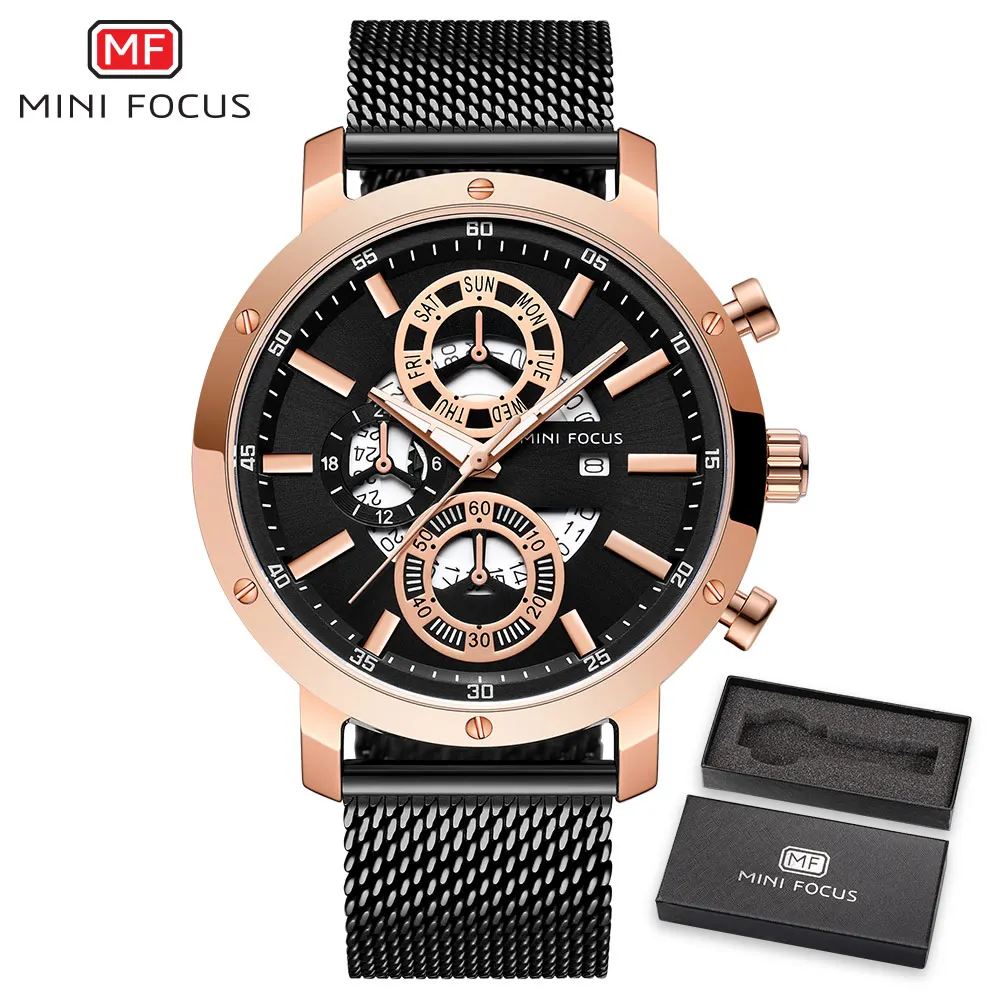 Мини фокус мужские часы из нержавеющей стали люксовый бренд водонепроницаемый хронограф кварцевые мужские наручные часы Relogio Masculino - Цвет: rose black