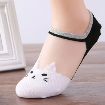 

Summer Autumn Women New Cartoon Cute Cat Pattern Socks Crystal Silk Socks Ultrathin Transparent Low Ankle Socks Dropshipping