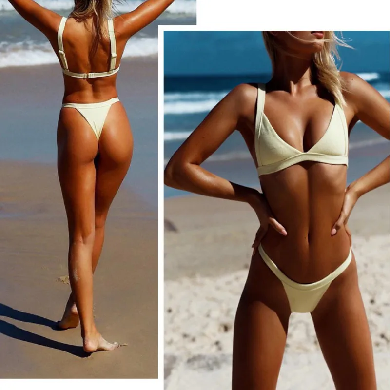 Womens Triangle Bikini Set Solid Color Stretch Slim Swimwear Swimsuit Push Up Padded High Waist Bottom Beach Bathing Suit