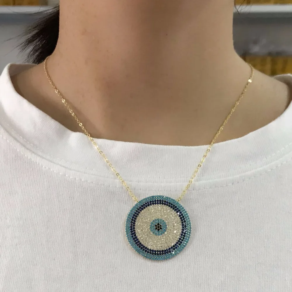 

top quality elegant turquoises turkish evil eye round fashion trendy girl lady micro pave cz fashion necklace wholesale jewelry