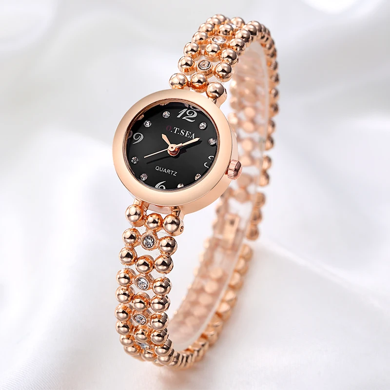 Роскошная фирма O. T. SEA, часы с браслетом из розового золота для женщин, женские часы с блестящими кристаллами, кварцевые наручные часы, Relojes Mujer OTS082 - Цвет: GOLD BLACK