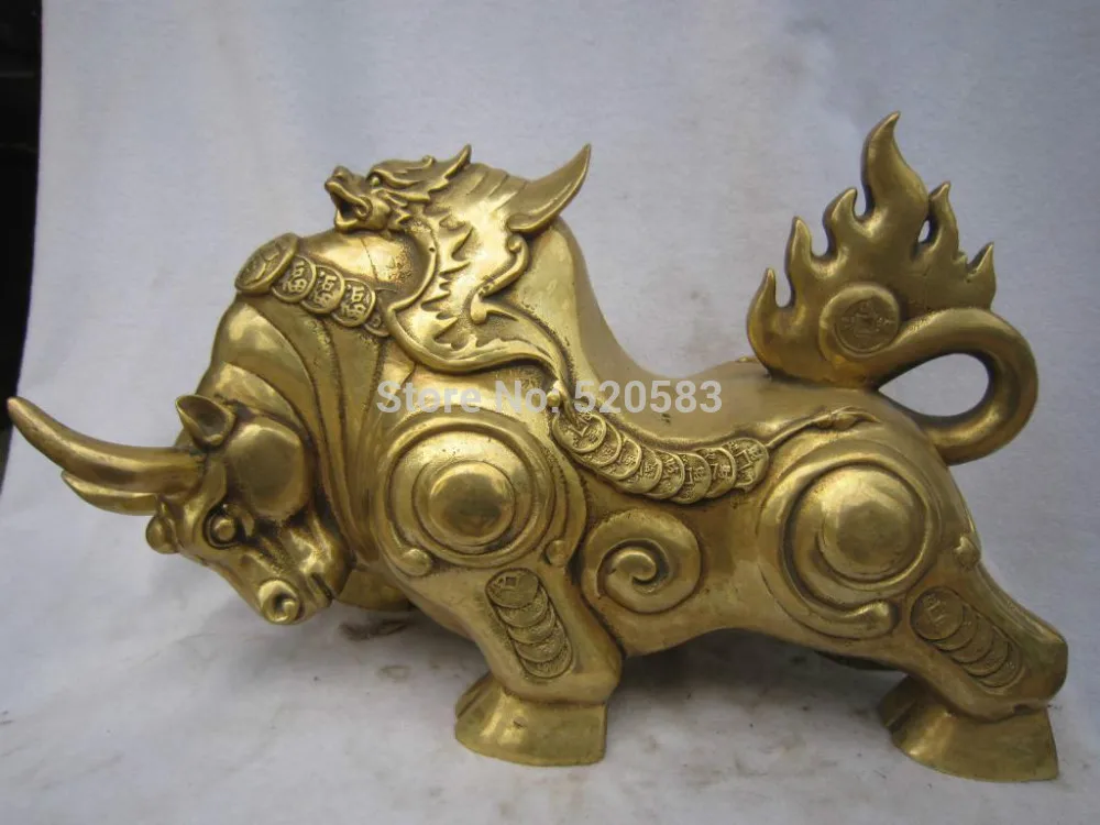 

16"Marked Bronze Wealth Money Foo Bull Unicorn OX Rhin Oxen Dragon Animal
