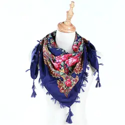 Этнический принт квадратный шарф Для женщин Смешанный хлопок полотняного переплетения пашмины Femme модные с бахромой зимние шарфы