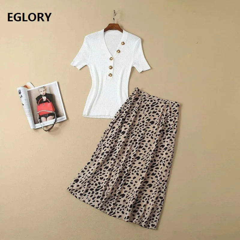 

High Quality New 2019 Autumn Fashion Sweater Suits Women V-Neck Knitted Pullovers+Sexy Leopard Print Mid-Calf Skirt Casual Sets