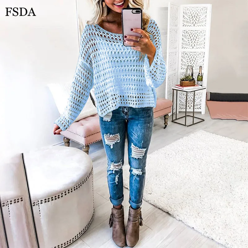 FSDA Women Summer Sexy Hollow Out Blouse Top White Knitted Sweater O Neck Long Sleeve Casual Solid Pullovers Blouse 2019 FSDA Women Summer Sexy Hollow Out Blouse Top White Knitted Sweater O Neck Long Sleeve Casual Solid Pullovers Blouse 2019