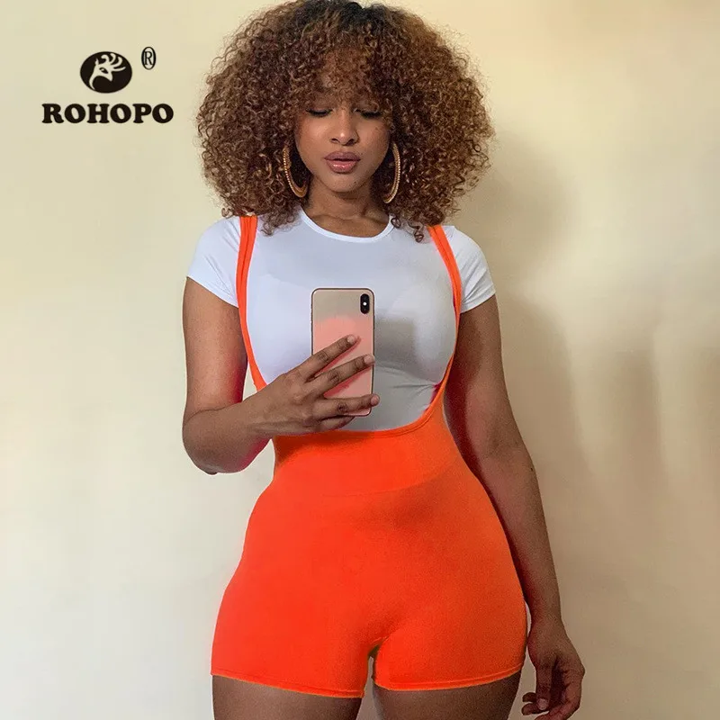 

ROHOPO Women Overall Shorts Solid Crochet Solid Singlet Bodycon Mini Sexy Pretty Girl Slim Shoulder Strap Tightness Shorts