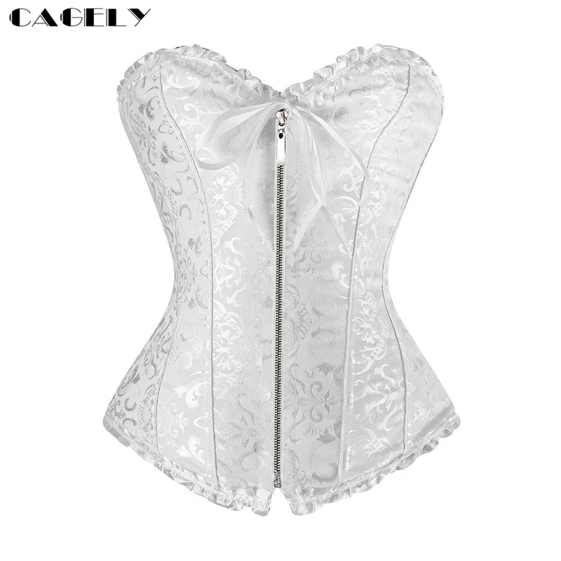 

White Classic Dobby Zip Corset Top Floral Brocade Lace Up Bustier Sexy Slim Clothes Body Shaper Underwear Fancy Party Outfits