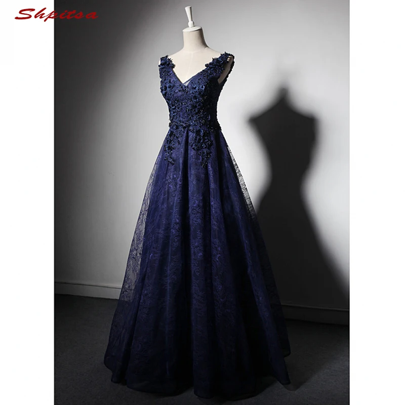

Navy Blue Long Lace Evening Dresses Party Beaded A Line Women Elegant Prom Formal Evening Gowns Dresses Robe de Soiree Longue