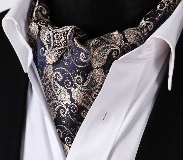  RF301D Gold Navy Blue Paisley Floral Silk Cravat Woven Ascot Tie Pocket Square Handkerchief Suit Se