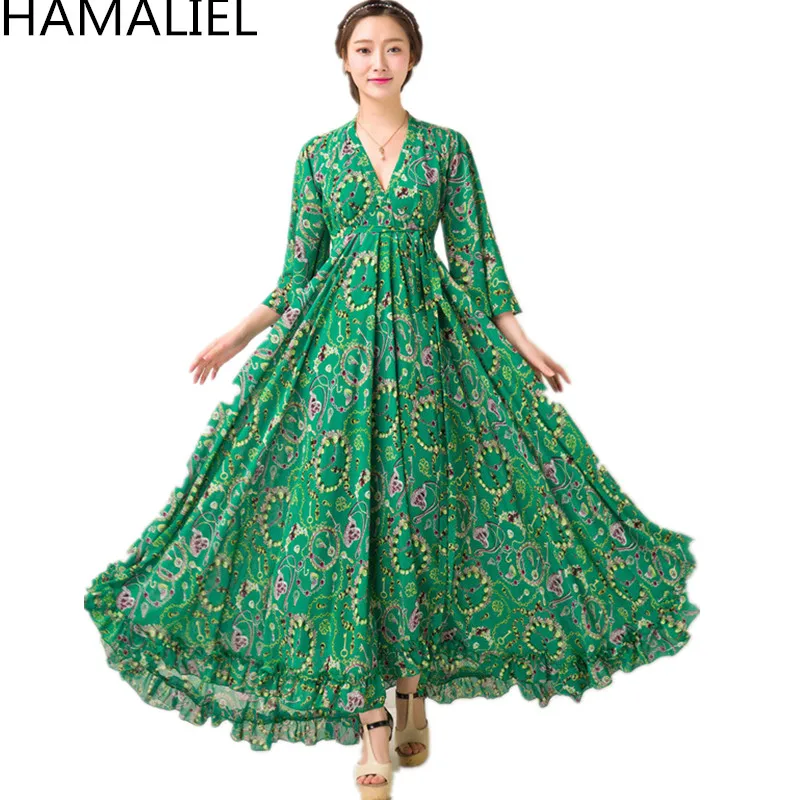 

HAMALIEL Boho Style Holiday Beach Long Dress 2018 Summer Women Green Chiffon Printed Floral Flare Sleeve Sexy V Neck Maxi Dress