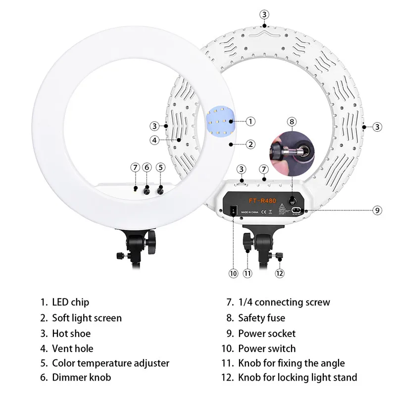 Fosoto FT-R480 кольцевой светильник 18 дюймов фотографический светильник ing 3200-5800K с регулируемой яркостью светодиодный кольцевой светильник штатив и зеркало для камеры телефона