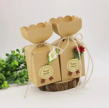 

100Pcs Vase Style Brown Kraft Paper DIY Wedding Favors Candy Boxes with Flowers & Tags Baby Shower Party Gift Box