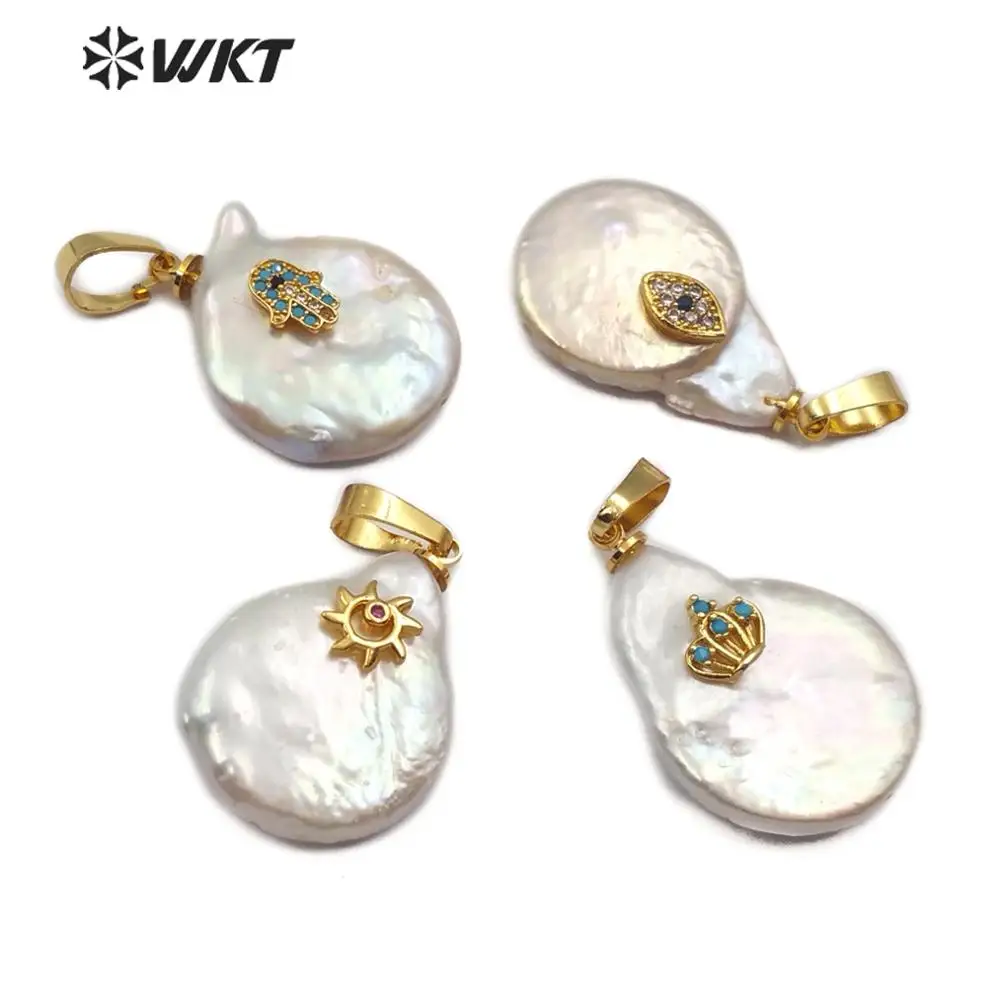 

WT-MP128 Freshwater Pearl&CZ Pendant Jewelry Random Size Pearl With Hamas Crescent Evil Eye Sun Imperial Crown Charm Pendant