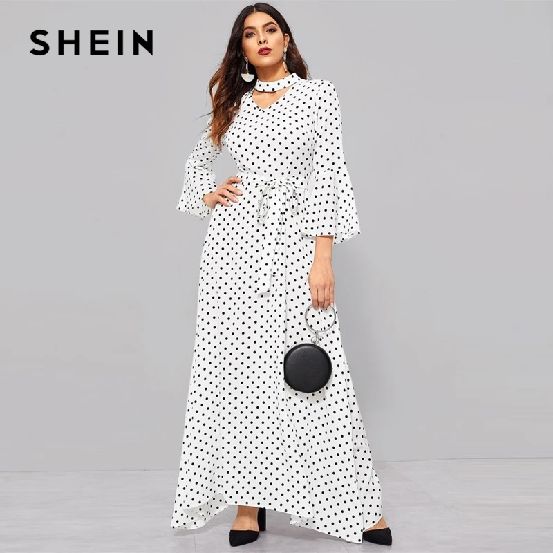 

SHEIN Women White Flounce Sleeve V Cut Chocker Neck Polka Dot Ruffle Dress Ladies Spring Going Out Stand Collar Long Dresses