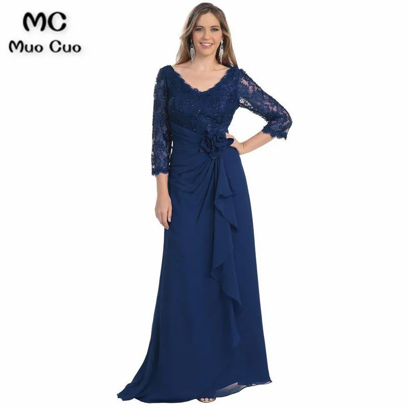 navy blue Mocuo платья для матери невесты с длинным рукавом v-образным вырезом бисером женские платья плюс размер вечерние платья - Цвет: navy blue