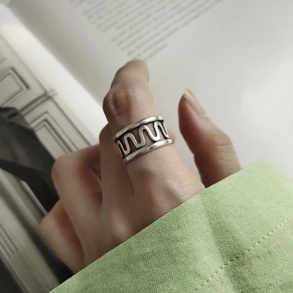 

Retro Authentic S925 Sterling Silver FINE Jewelry double Line Wave geometric Band Rings adjust TLJ631
