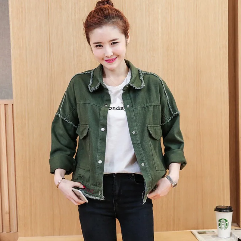 الربيع الخريف أزياء جينز جاكيتات المرأة قصيرة عارضة فضفاض إلكتروني التطريز الدنيم معطف السيدات الأساسية الجيش الأخضر الكاكي أبلى الربيع الخريف أزياء جينز جاكيتات المرأة قصيرة عارضة فضفاض إلكتروني التطريز الدنيم معطف السيدات الأساسية الجيش الأخضر الكاكي أبلى