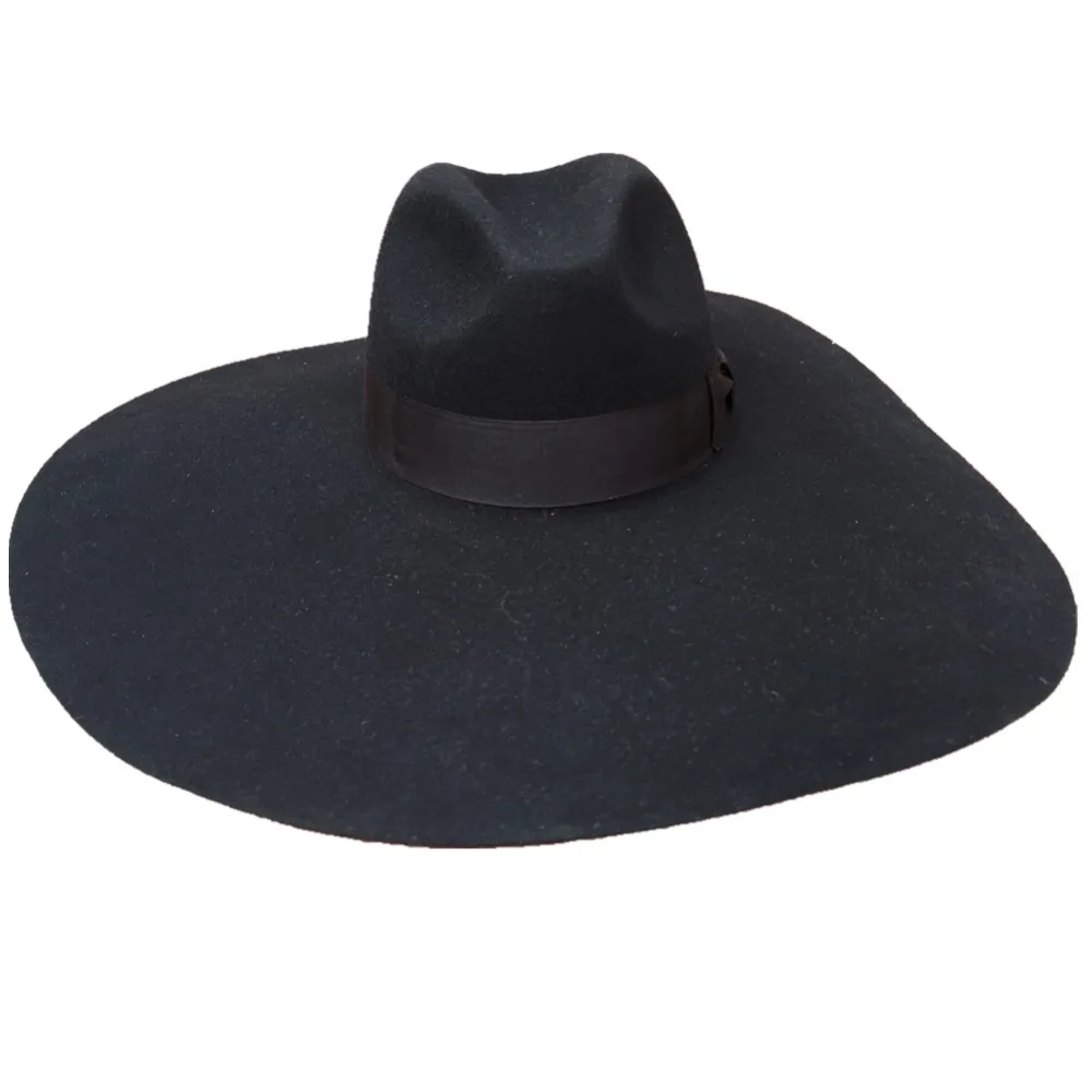 Черная шерстяная фетровая мягкая Экстра широкие большие поля модная шляпа Федора для женщин 16 см