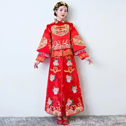 Красный цветок Qipao Для женщин традиционное платье 2018 невесты китайский Cheongsam долго Феникс свадебные платья Современный Восточный платья
