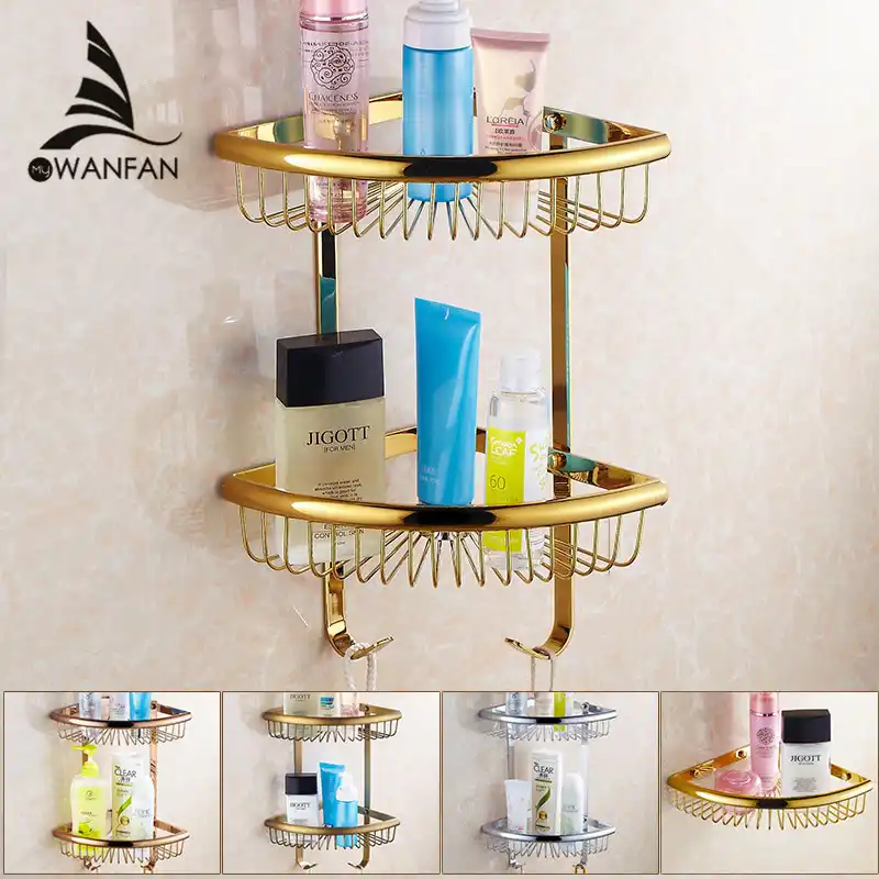 Bathroom Shelves Golden Brass Material With Robe Hook 2 Tier Bathroom Storage Basket Wall Mounted Bathroom Shelf Silver Hj 116bk Bathroom Shelf Wall Mounted Bathroom Shelfgolden Brass Aliexpress