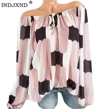 

INDJXND Fashion Tops For Women Summer Off Shoulder Chiffon Shirt Casual Tops Long Sleeve Print V-Neck Shirts Plus Size 5XL Tops