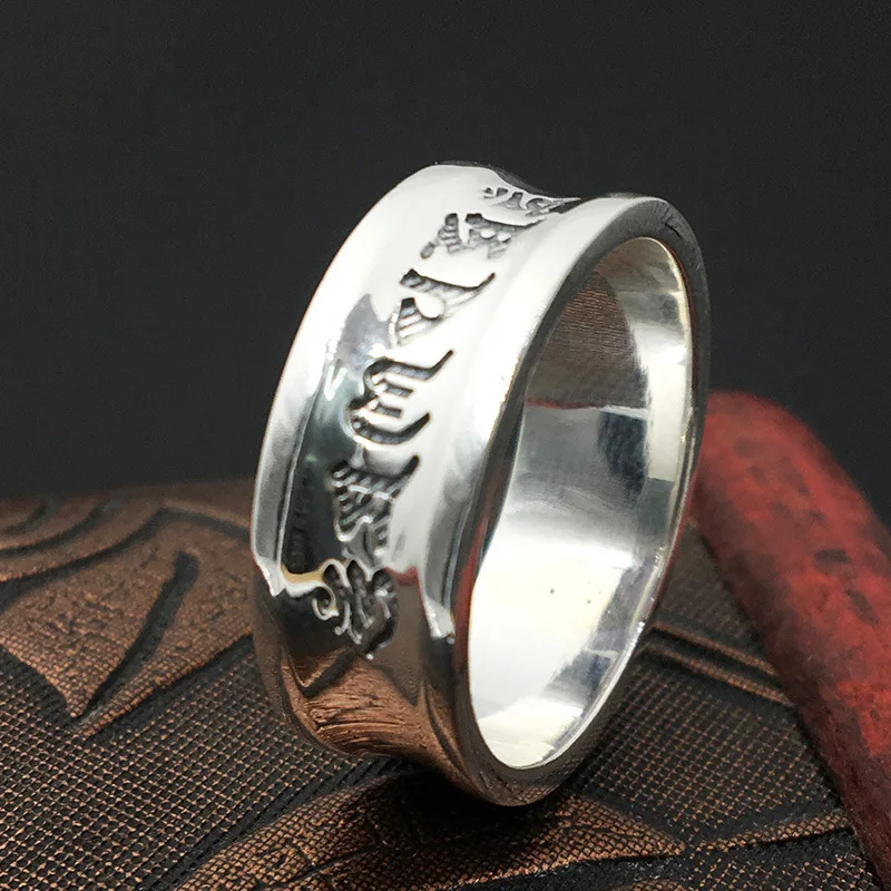 S999 Sterling Gioielli In Argento Retrò Thai Argento Sei Parole Scrittura Semplice Anello Uomini E Donne Anello Di Modo