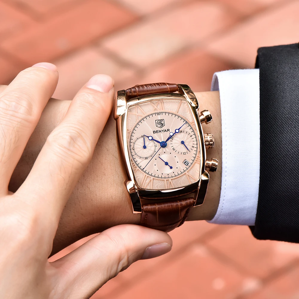 Новые BENYAR водонепроницаемые золотые часы мужские календарь люксовый бренд Кварцевые спортивные часы мужские кожаный ремешок мужские наручные часы Мужские часы