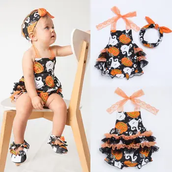 

New Halloween Pumpkin Baby Girl Outfit Floral Tomper Tutu Lace Romper Headband Infant Toddler Jumpsuit Children Clothes