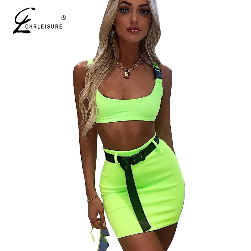 

CHRLEISURE Summer Casual Women Suit Sexy Buckle Crop Top And Sexy Mini Women Skrits Two-Piece Set Harajuku Ladies' Set