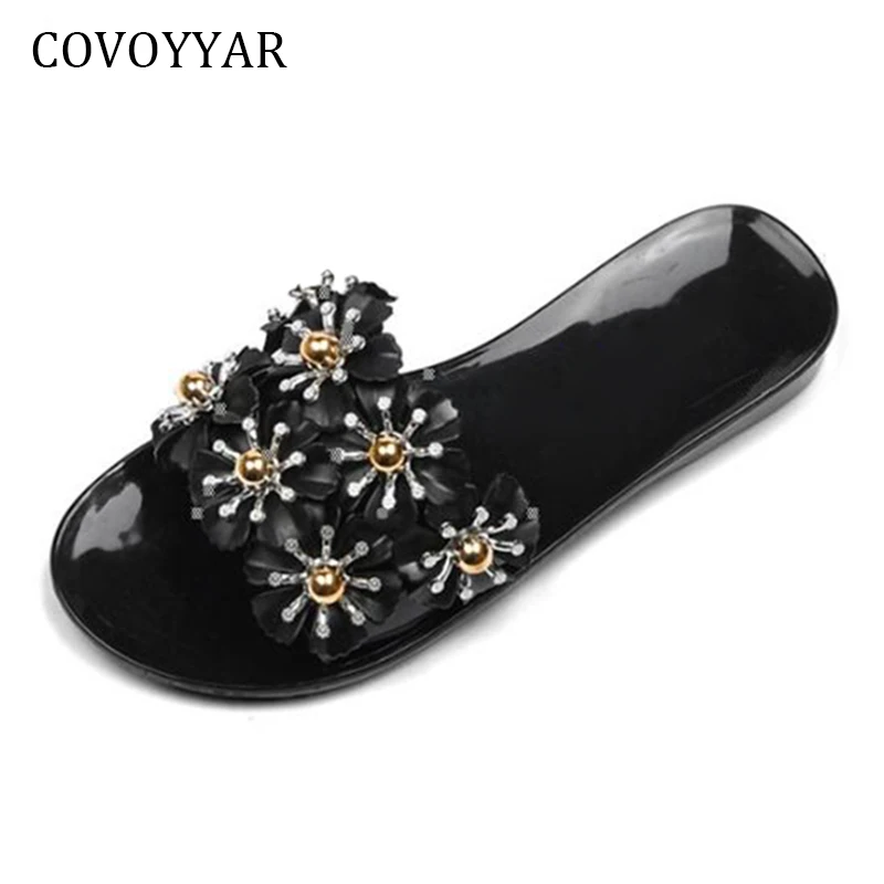 

COVOYYAR 2019 Summer Flowers Women Jelly Shoes Sweet Rhinestone Beach Shoes Slip On Solid Flat Women Sandals WSS335