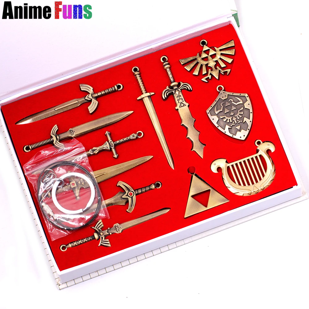 

12pcs/set The Legend of Zelda Skyward Sword Choker Necklace Weapon Pendant Keyring Keychain With Box Charm Jewelry Drop Shipping