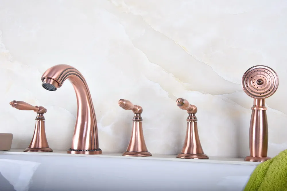 

Antique Red Copper Brass Widespread 5 Hole Bathroom Roman Tub Bath Faucet with Telephone Style Hand Held Shower Head atf195