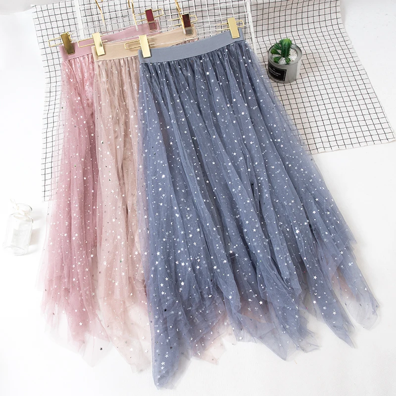

Women Spring Autumn Pleated Irregular Elastic Sequins Tulle Ball Gown Skirt Female High Waist Velvet Mesh Gauze Voile Midi Skirt