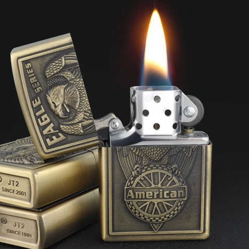 

New style Cigarette Accessories Portable bronze color oil lighter Cheaper Emboss characters Kerosene lighters