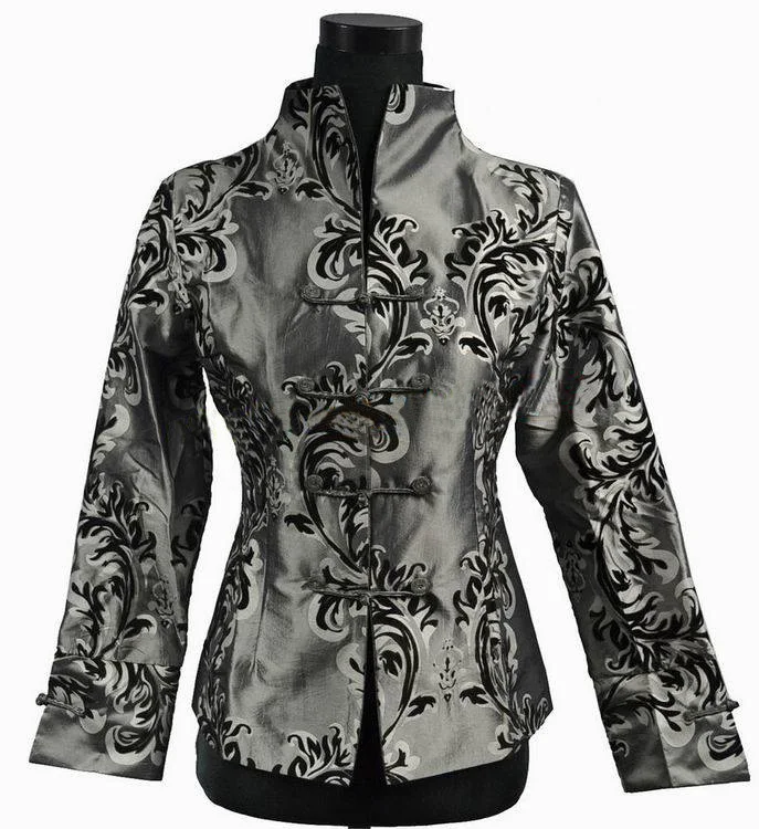 Free Shipping Gray Chinese Women's Silk Satin Jacket Coat Flowers Size S M L XL XXL XXXL2306 2