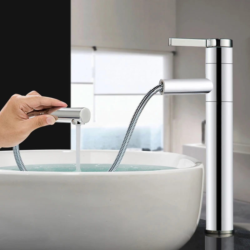 

Copper Pull Out Bathroom Sink Faucet Hot and Cold Water Mixer Crane Square Basin Sink Tap Chrome Finished