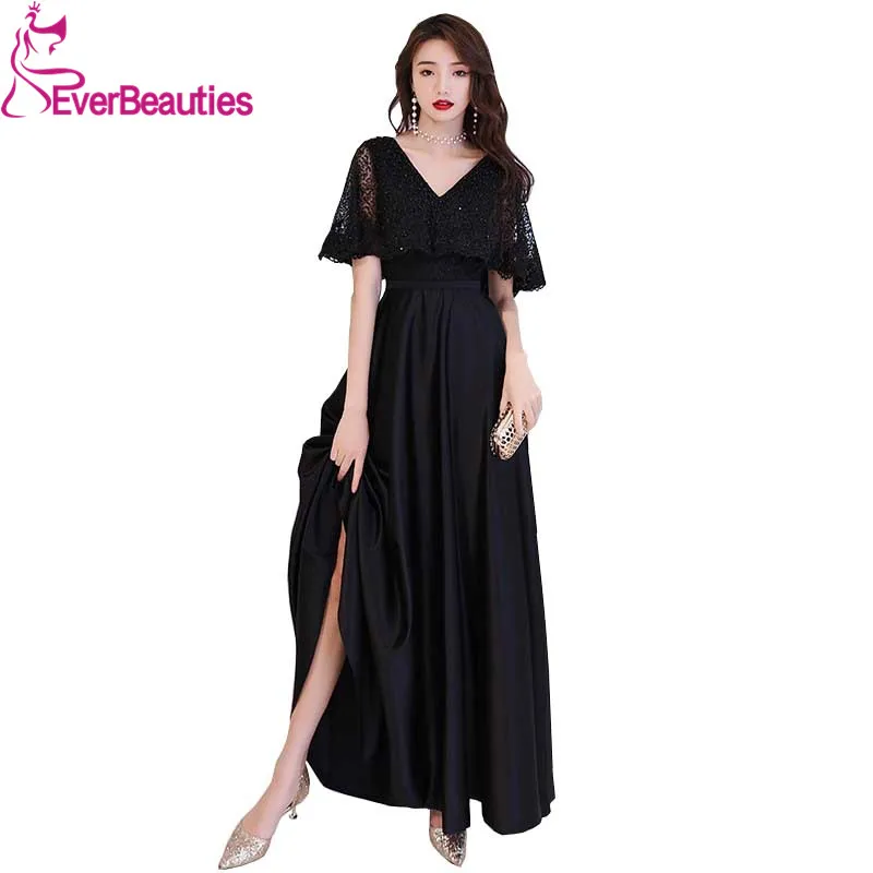 

Black Elegant Satin Lace Evening Dresses Long V Neck Evening Gowns Long Party Gowns Formal Dresses Robe De Soiree