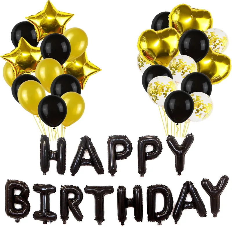 

Gold Black Happy Birthday Decoration Star Heart Shape Balloons set 32 inch Number Foil Balloon for Kids Birthday Party Supplies