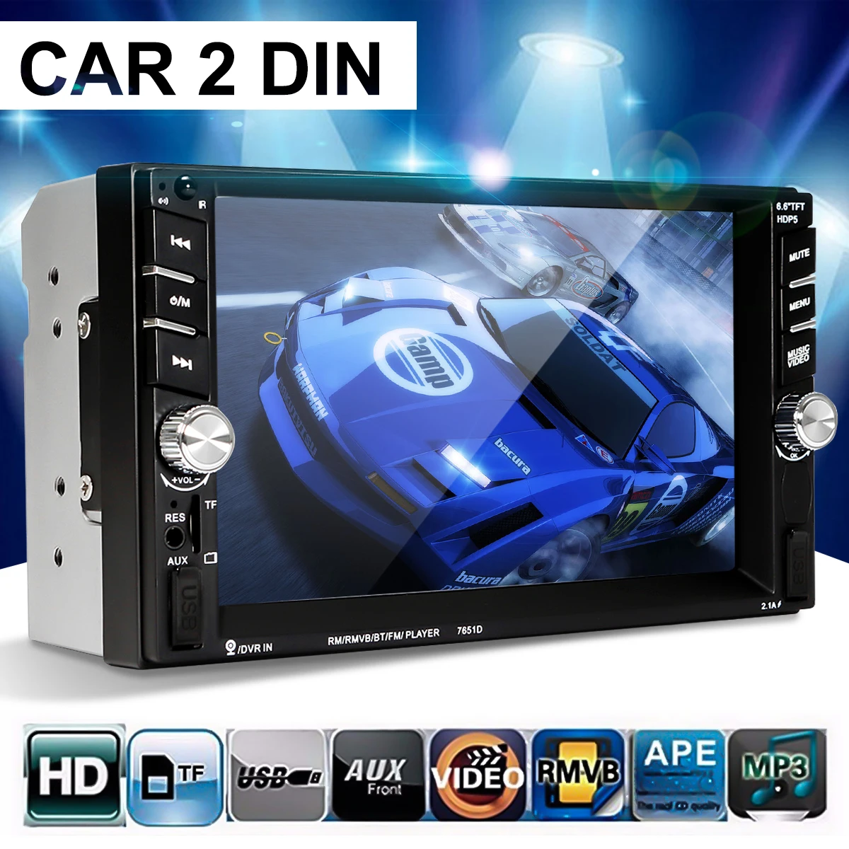 

6.6 Inch HD 2 Din Bluetooth MP3 MP4 MP5 Player Touch Screen Car FM Radio Stereo Remote Control +Rear Camera 2 USB Port