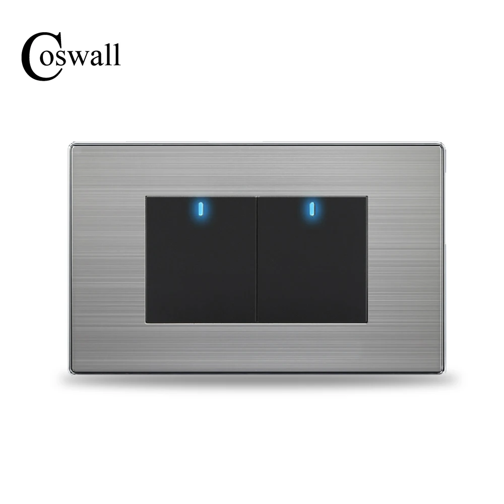 

COSWALL US Standard 2 Gang 2 Way On / Off Wall Light Switch With LED Indicator Stainless Steel Panel 118mm * 72mm