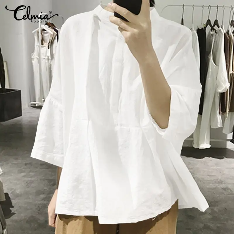 

Celmia 2019 Summer Women Solid Buttons Blouse Shirt Casual 3/4 Batwing Sleeve O-Neck Loose Tunic Tops Ladies Corron Linen Blusas