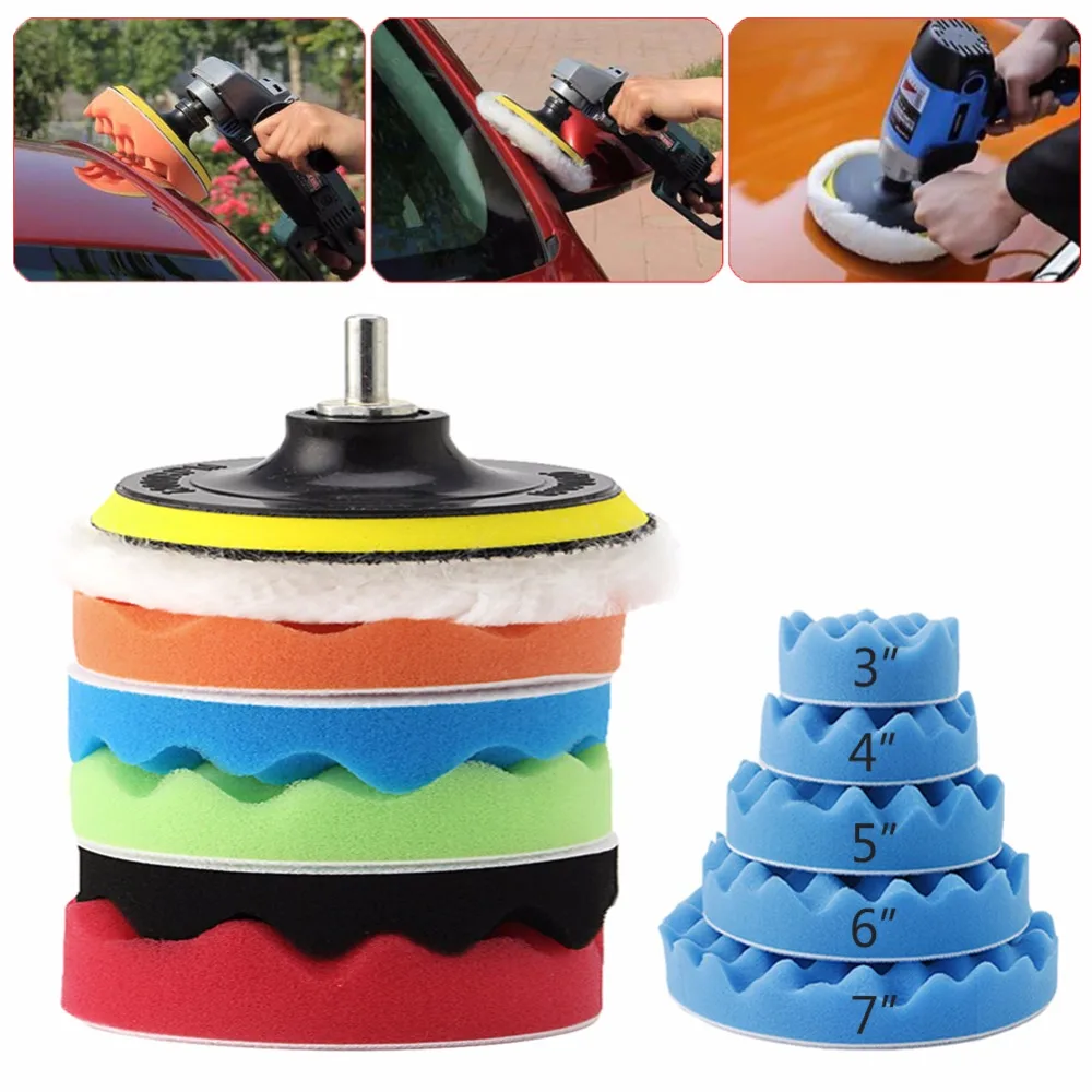 

7Pcs/set 3/4/5/6/7inch Car Polisher Polishing Waxing Buffing Woolen & Sponge Pads Kit Car Maintenance Tools C45