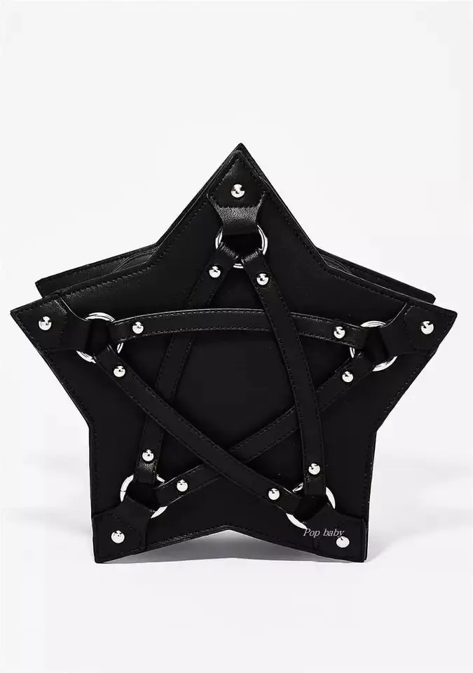 

fashion style Pentagram Punk Darkness Gothic Five Star Handbag Women Girl Black PU Shoulder Bag with Chain 2019